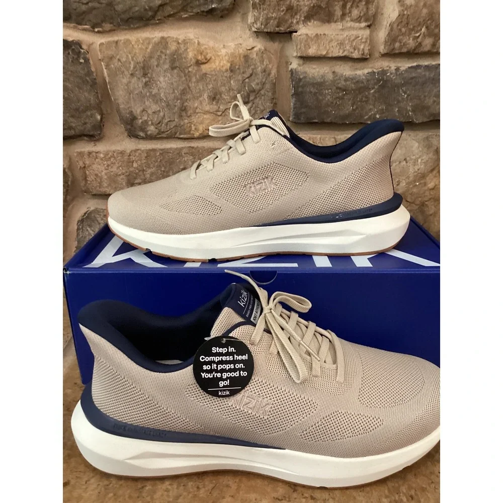 Kizik Mens Athens 2 Mens Size 12 Wide Knit Doeskin Tan Navy Hands Free Sneakers